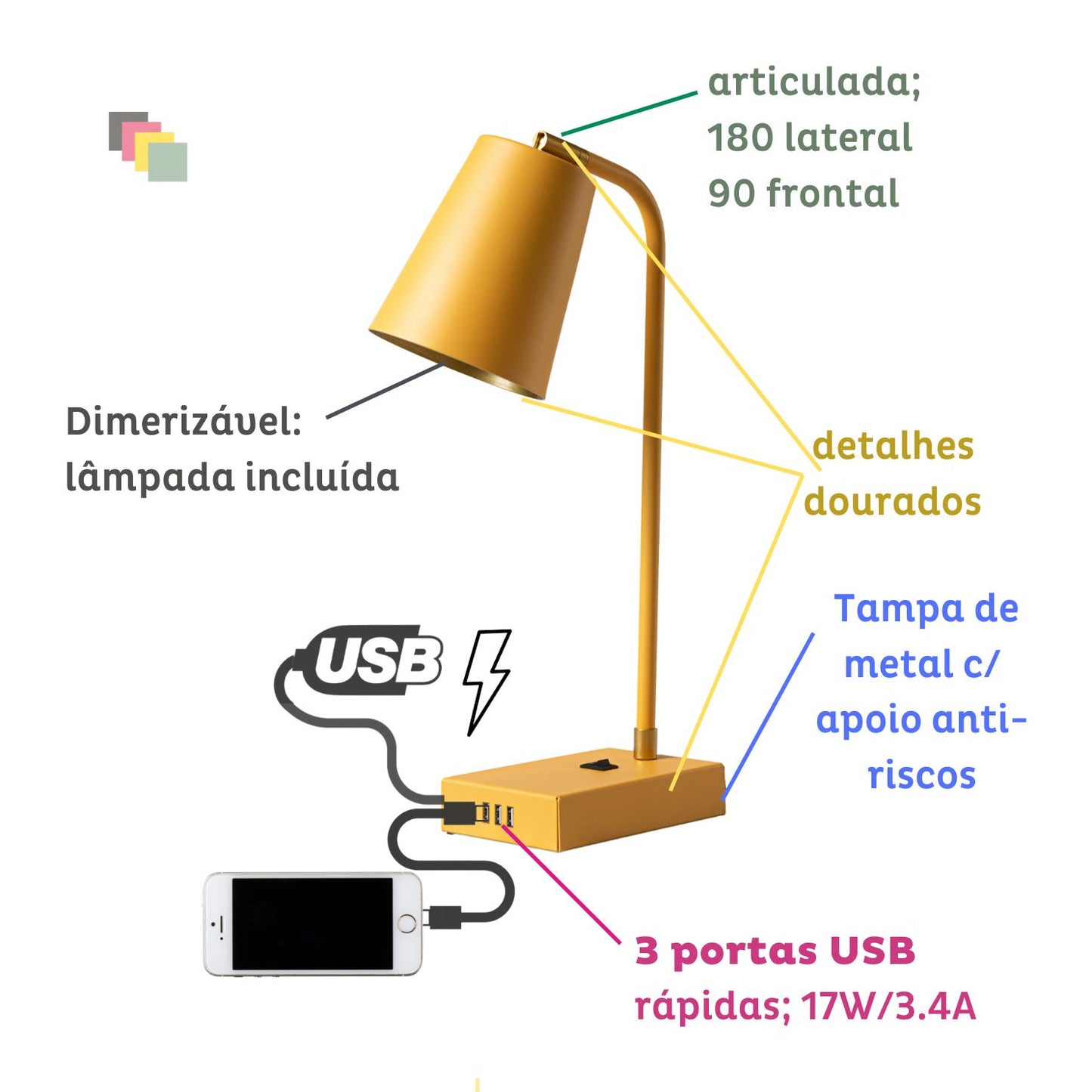 TUTTO USB | 3 portas 17W | 1C + 2A | Dimmer, Articulada e Lâmpada