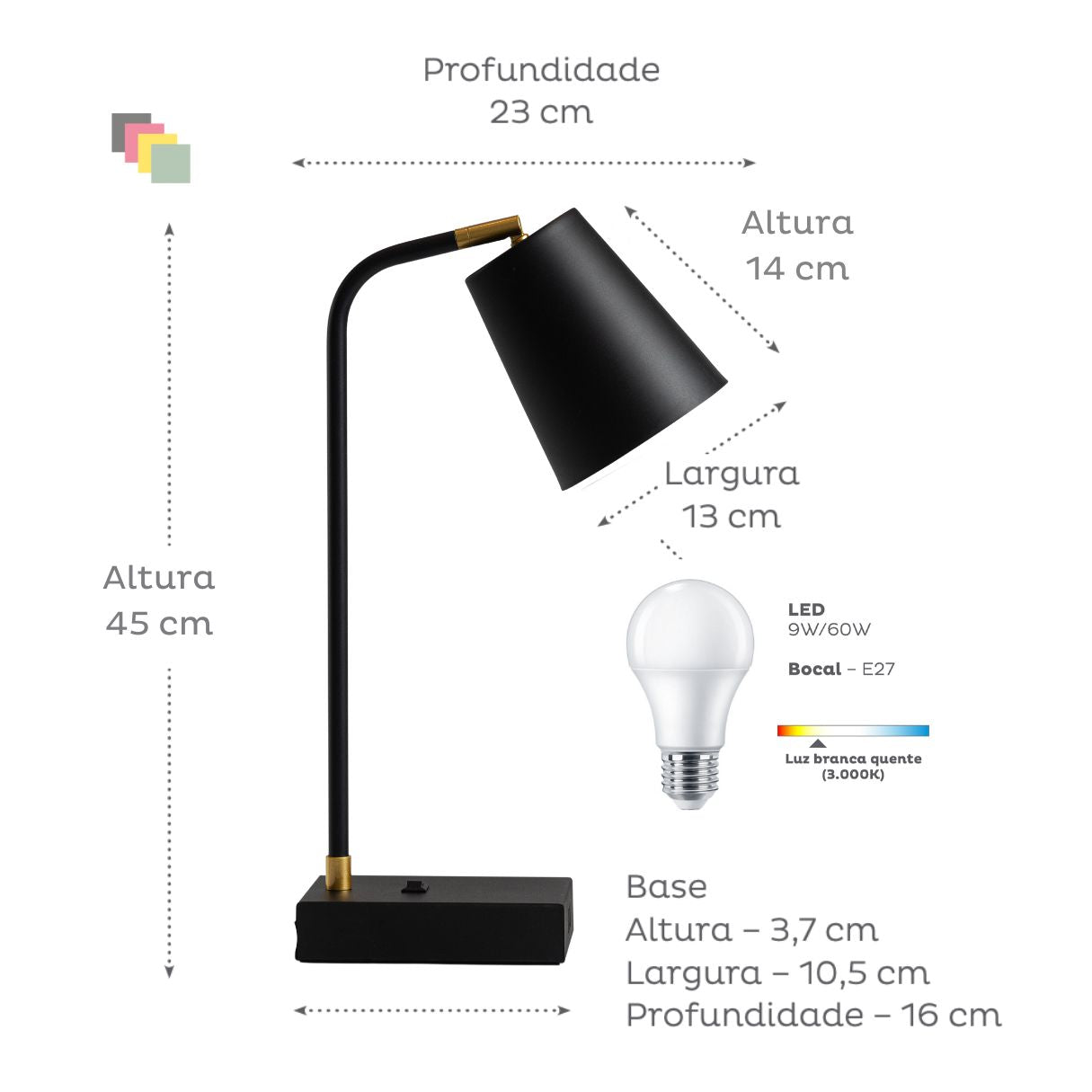 TUTTO USB | 3 portas 17W | 1C + 2A | Dimmer, Articulada e Lâmpada