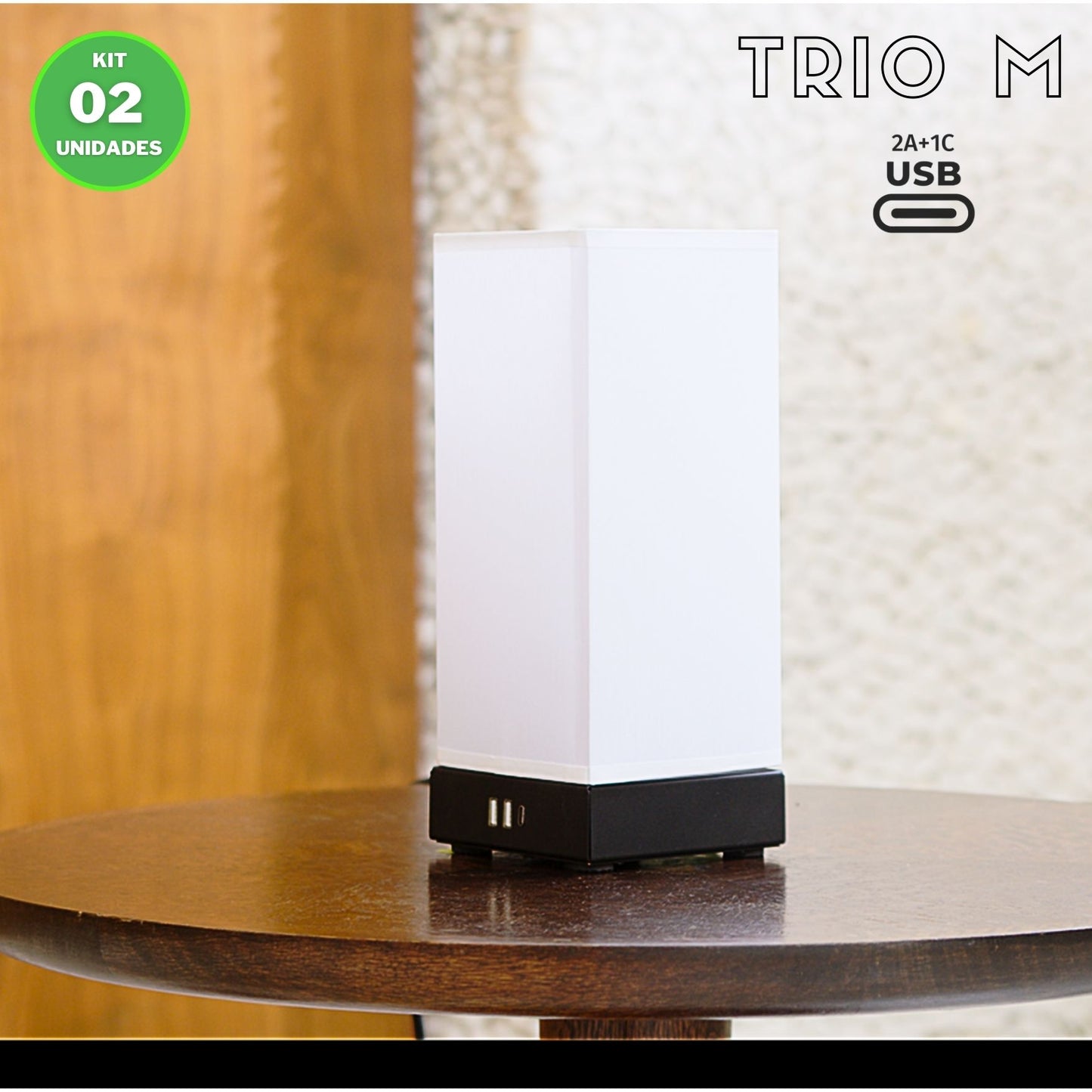 Kit 2 TRIO M | 3 portas carga rápida USB 2A + 1C | Tomada incluída