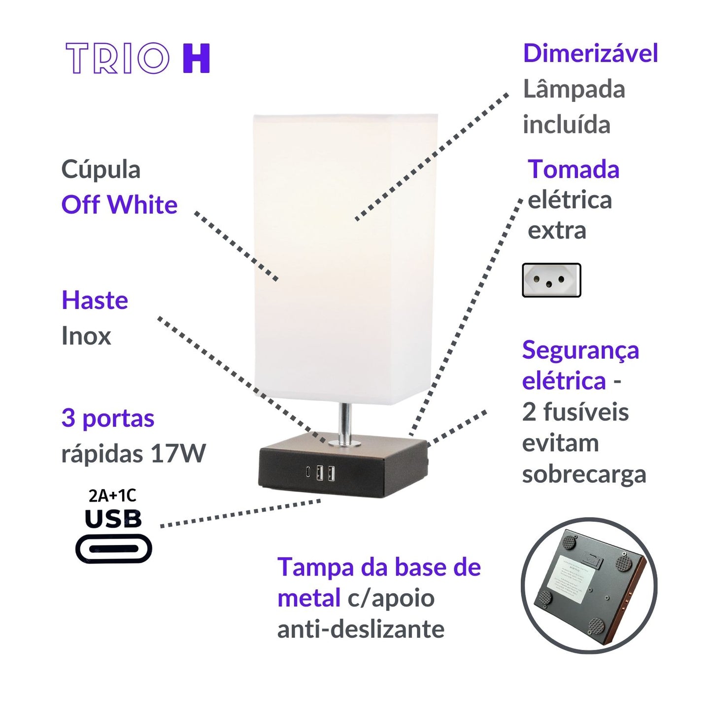 TRIO H | 3 portas USB 2A +1C | Dimmer, tomada e lâmpada