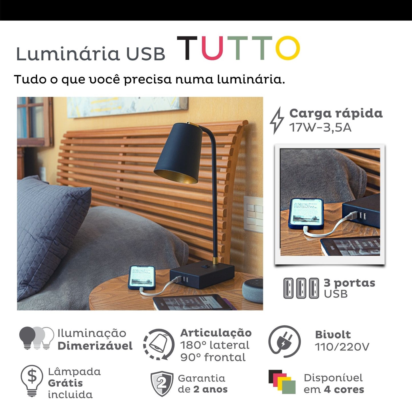TUTTO USB | 3 portas 17W | 1C + 2A | Dimmer, Articulada e Lâmpada