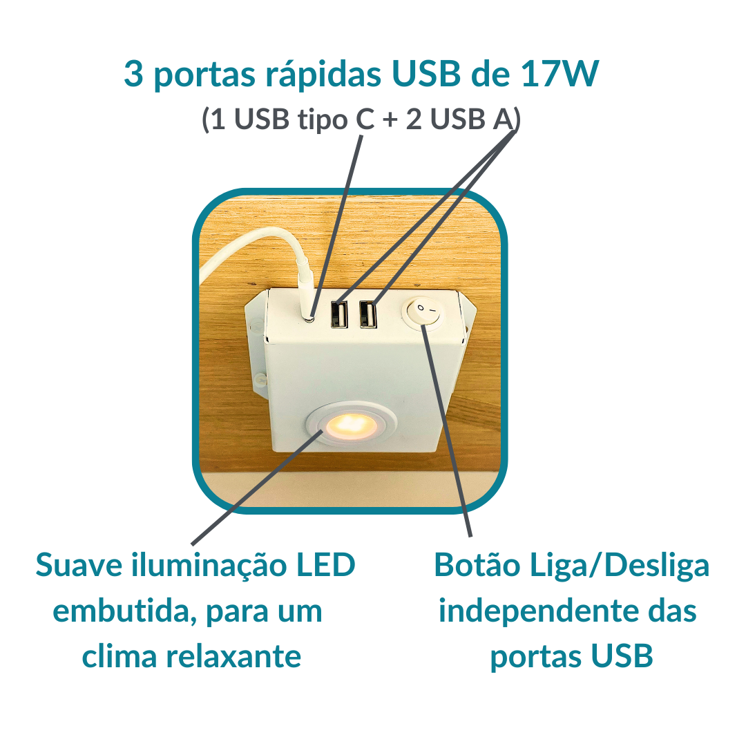 SIS | Mesa Cabeceira Suspensa Smart |3 portas USB | Luz Led Suave