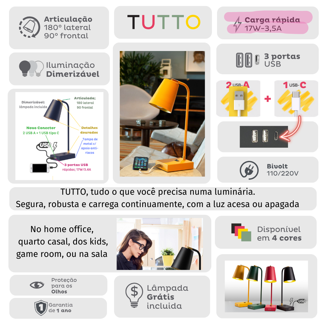 TUTTO USB | 3 portas 17W | 1C + 2A | Dimmer, Articulada e Lâmpada