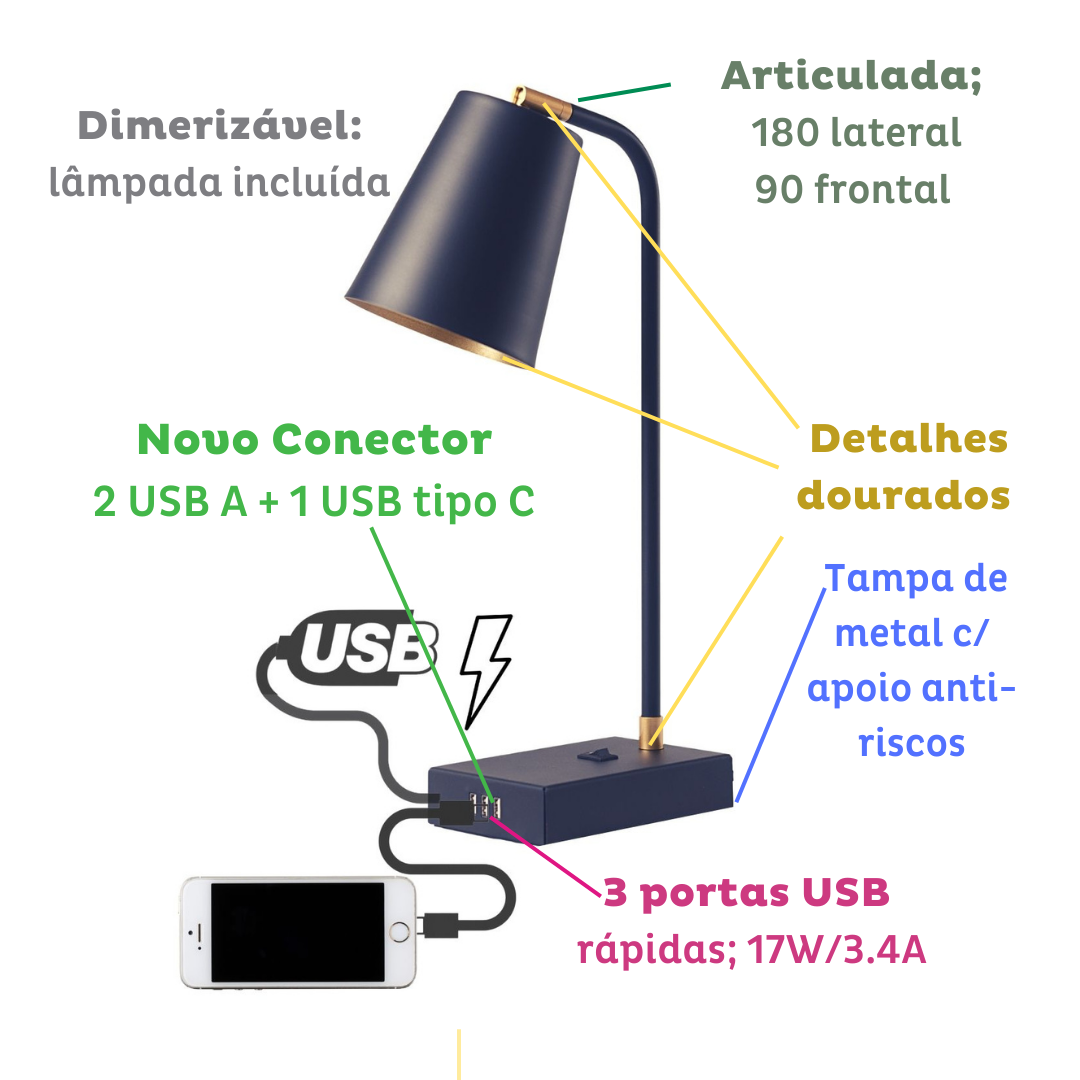 TUTTO USB | 3 portas 17W | 1C + 2A | Dimmer, Articulada e Lâmpada