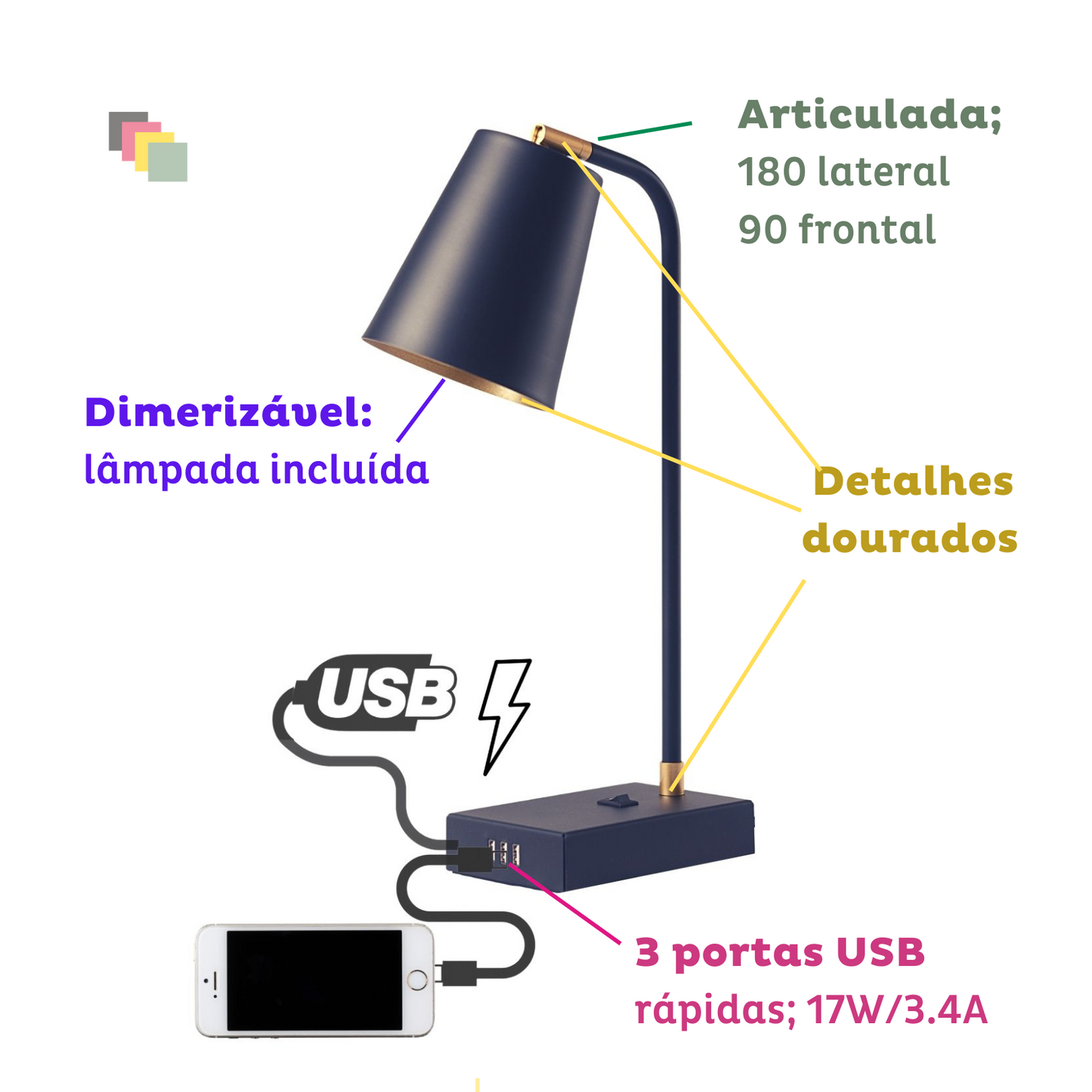 TUTTO USB | 3 portas rápidas A| Dimmer, Articulada e Lâmpada