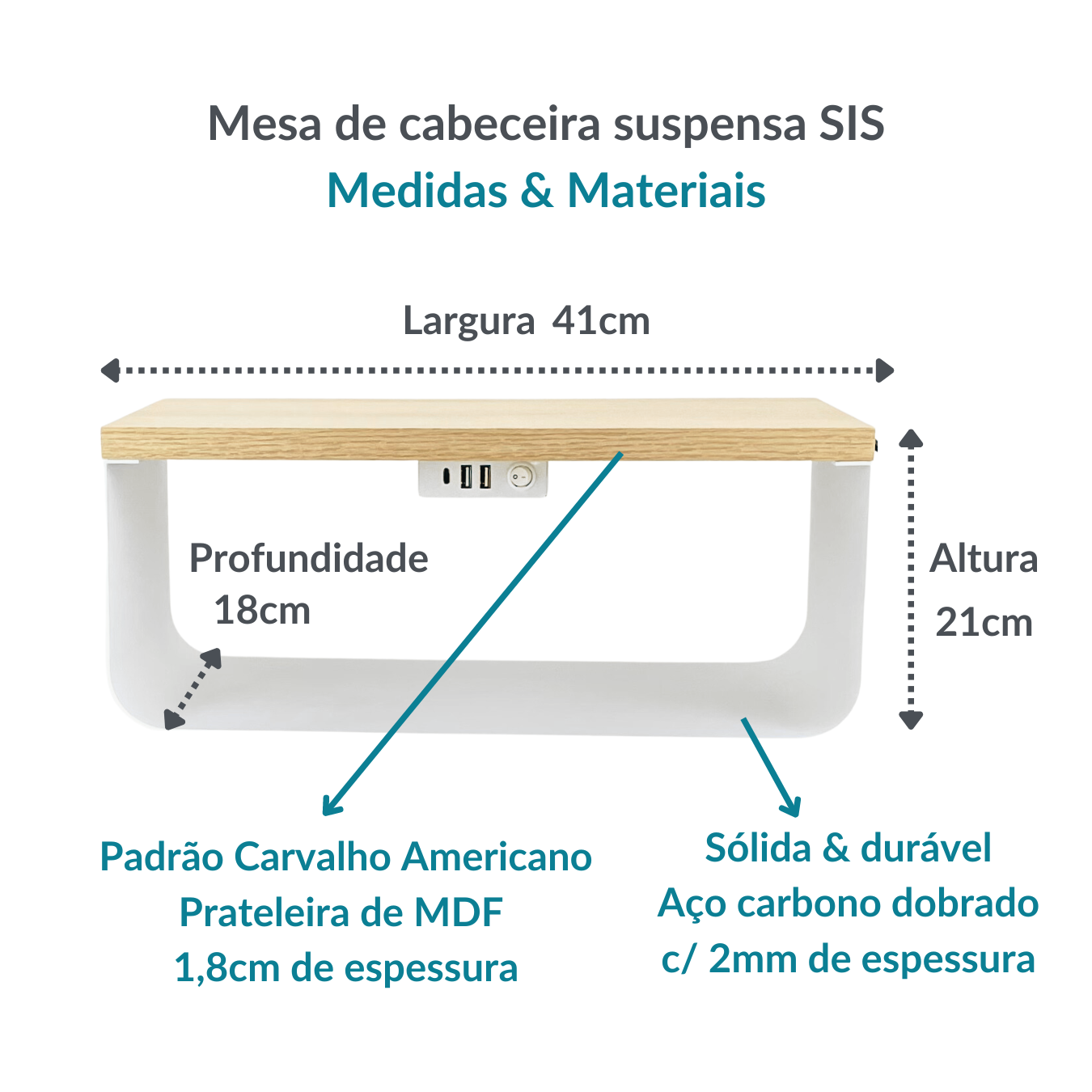 SIS | Mesa Cabeceira Suspensa Smart |3 portas USB | Luz Led Suave