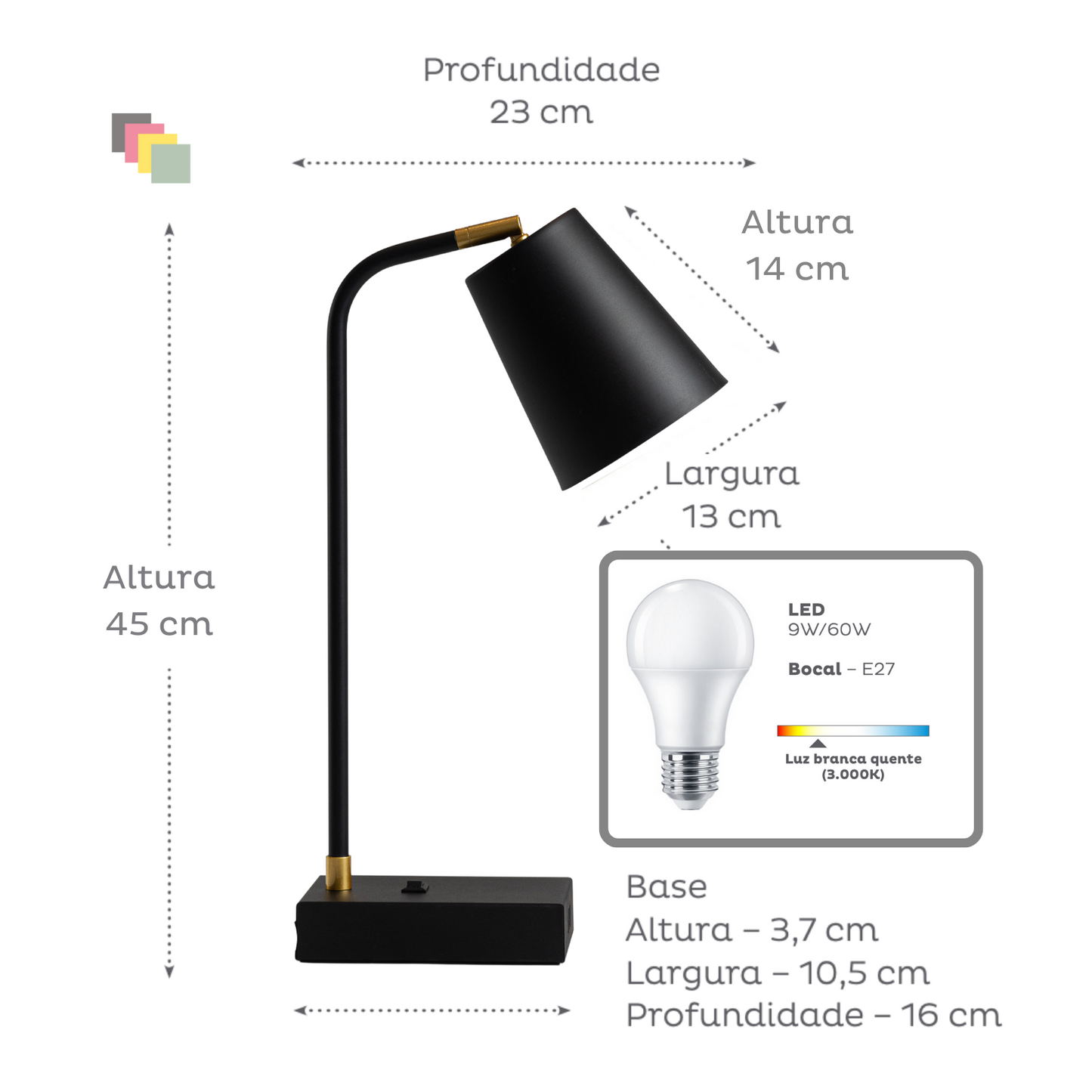 TUTTO USB | 3 portas rápidas A| Dimmer, Articulada e Lâmpada