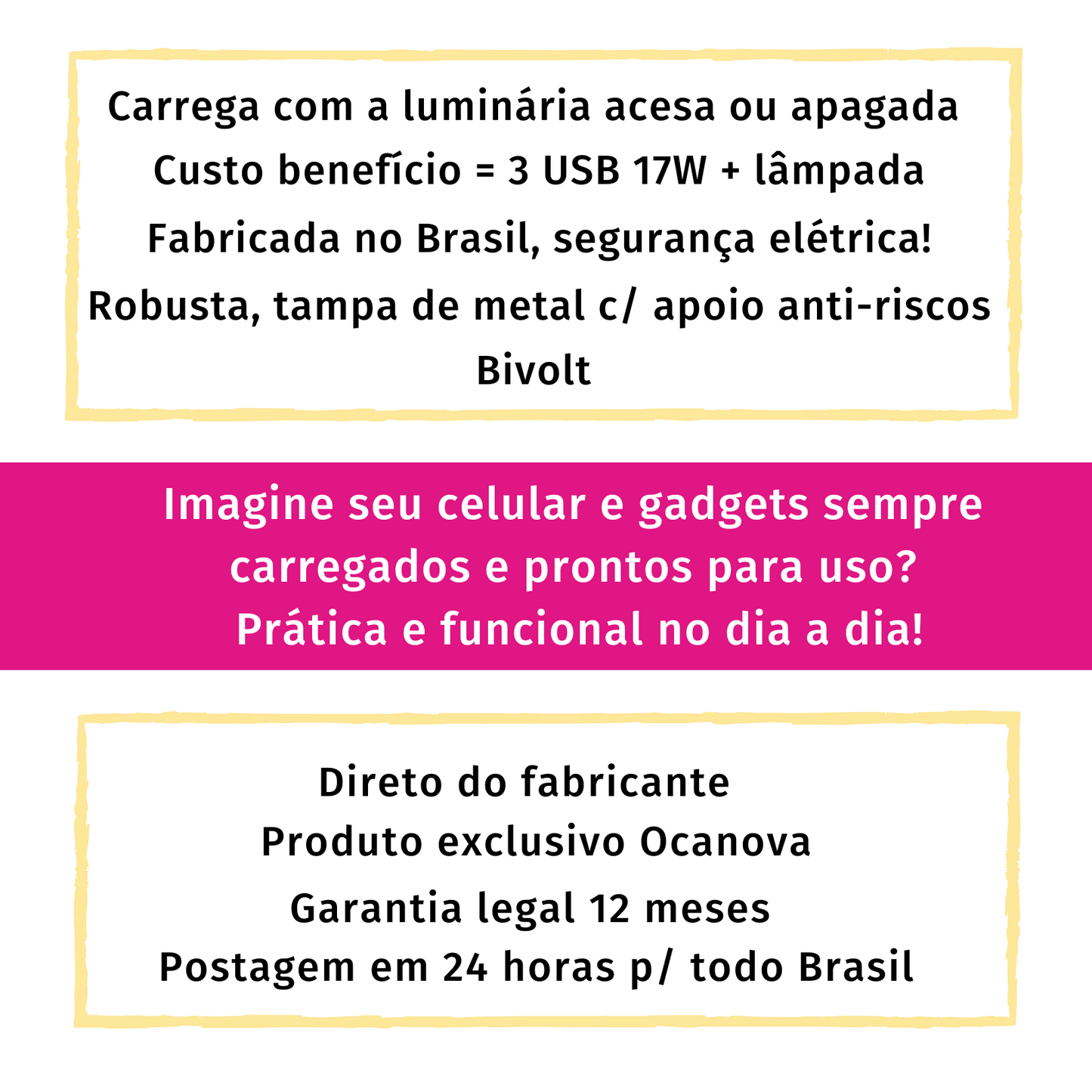 TUTTO USB | 3 portas rápidas A| Dimmer, Articulada e Lâmpada