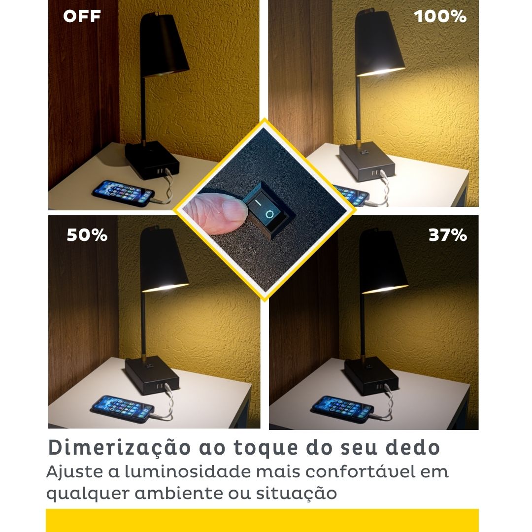 TUTTO USB | 3 portas rápidas A| Dimmer, Articulada e Lâmpada