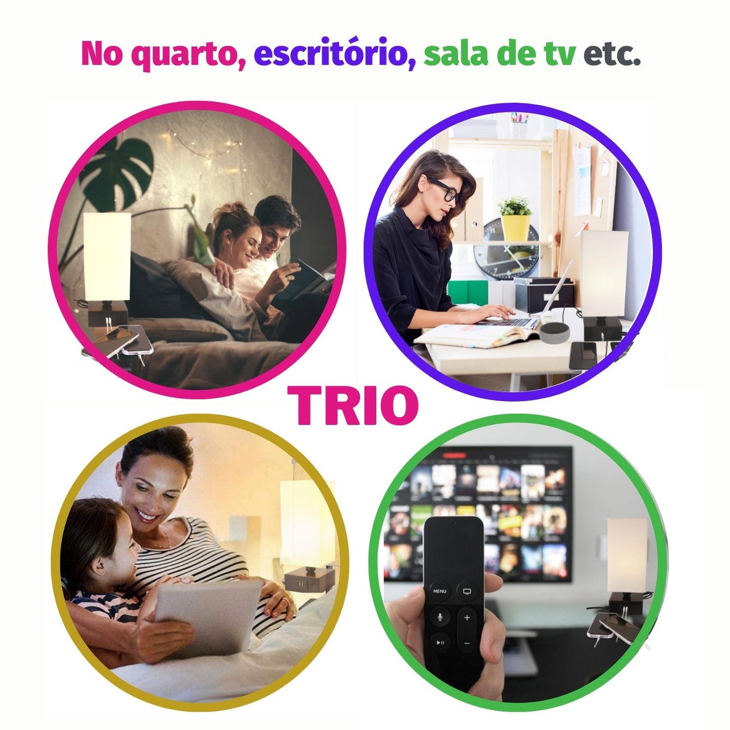 Abajur TRIO USB | 3 portas rápidas | 2A + 1 tipo C | Tomada incluída