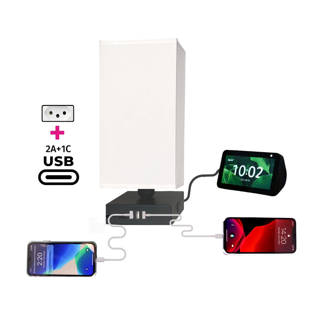 Abajur TRIO USB | 3 portas rápidas | 2A + 1 tipo C | Tomada incluída