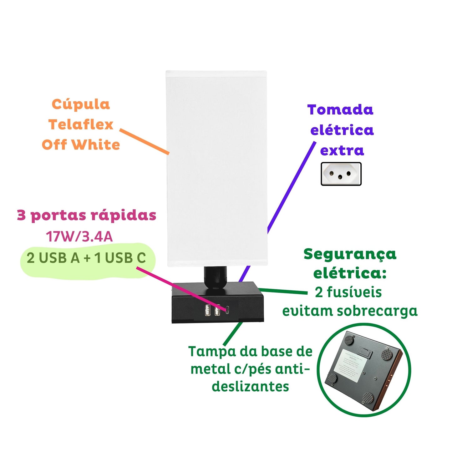 Abajur TRIO USB | 3 portas rápidas | 2A + 1 tipo C | Tomada incluída