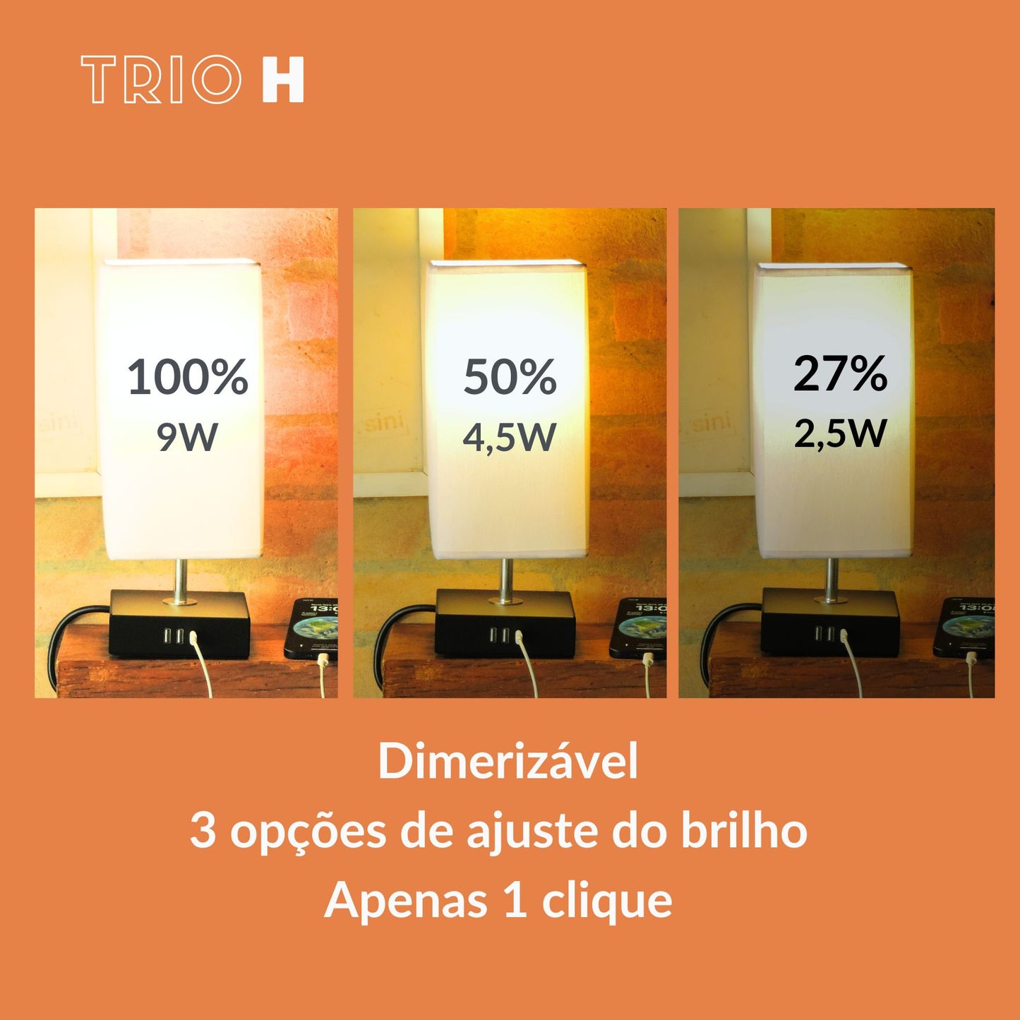 TRIO H | 3 portas USB 2A +1C | Dimmer, tomada e lâmpada